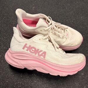 Hoka Women's Cream and Pink Clifton 10 Running Shoes